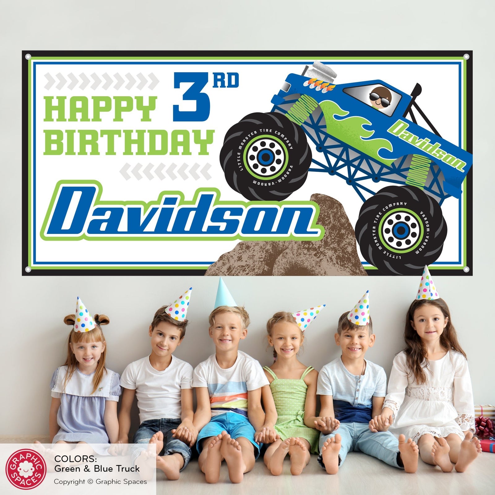 Kids Banner - Monster Truck Birthday Party (Personalized, Green) - Graphic Spaces