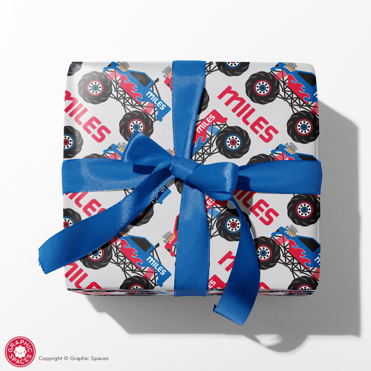 Monster Truck Birthday Name Wrapping Paper - RED/BLUE