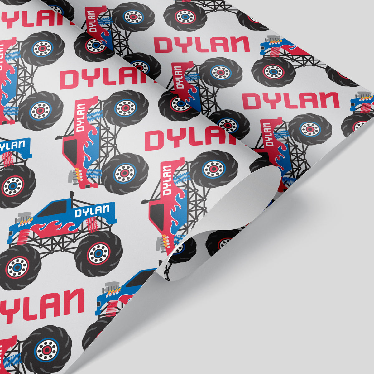 Monster Truck Birthday Name Wrapping Paper - RED/BLUE