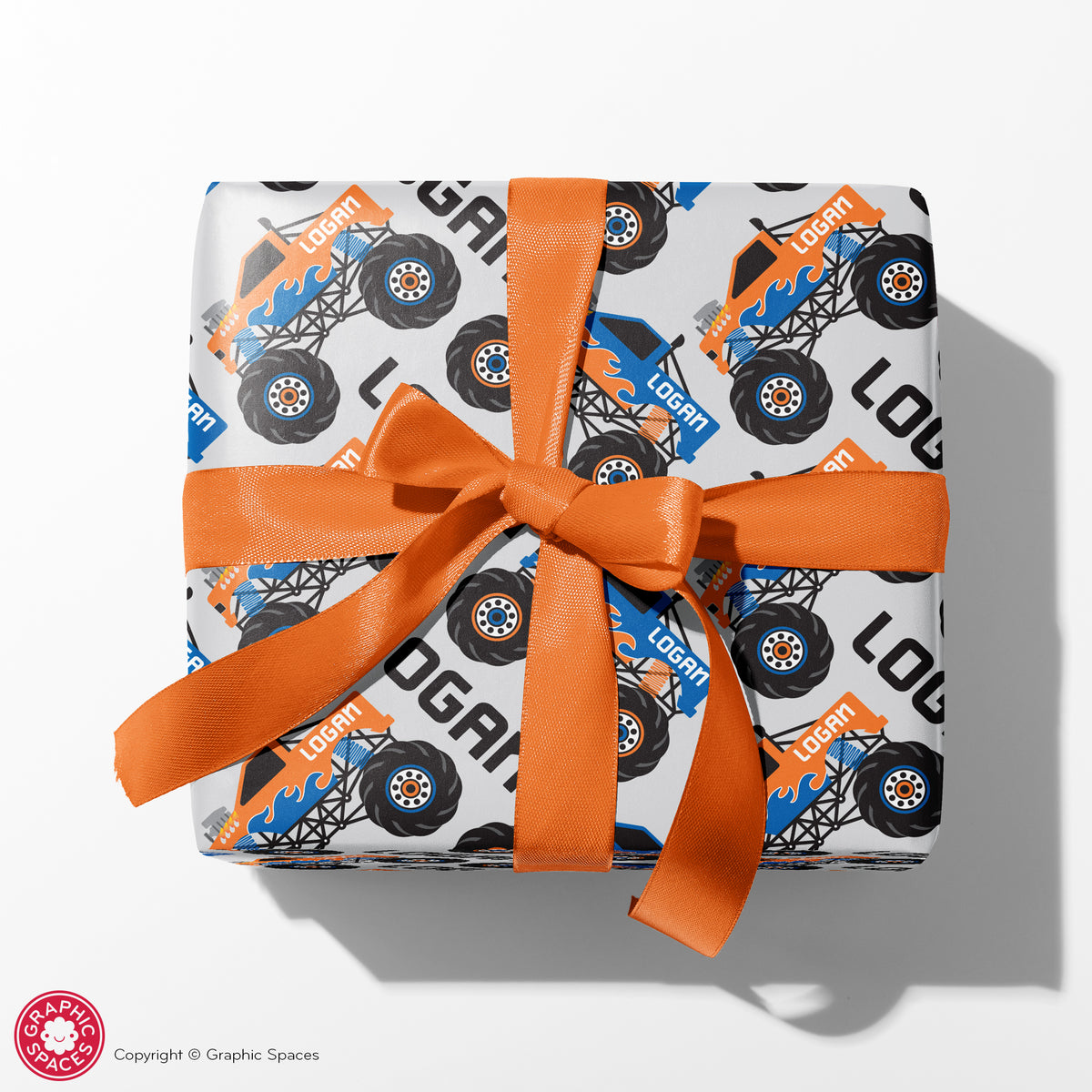 Monster Truck Birthday Name Wrapping Paper - ORANGE/BLUE
