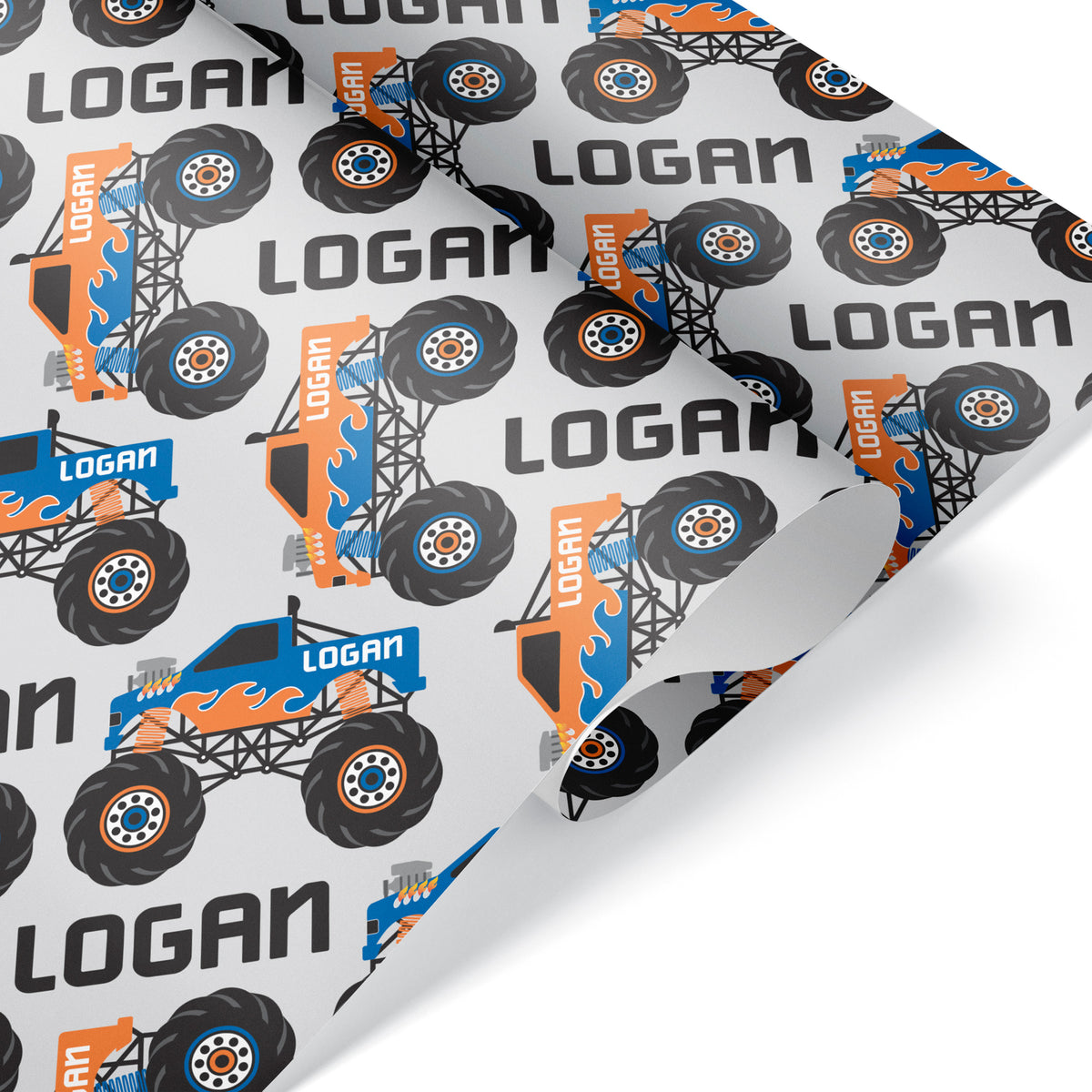 Monster Truck Birthday Name Wrapping Paper - ORANGE/BLUE