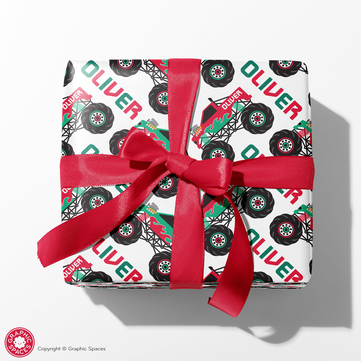 Monster Truck Christmas Name Wrapping Paper - RED/GREEN