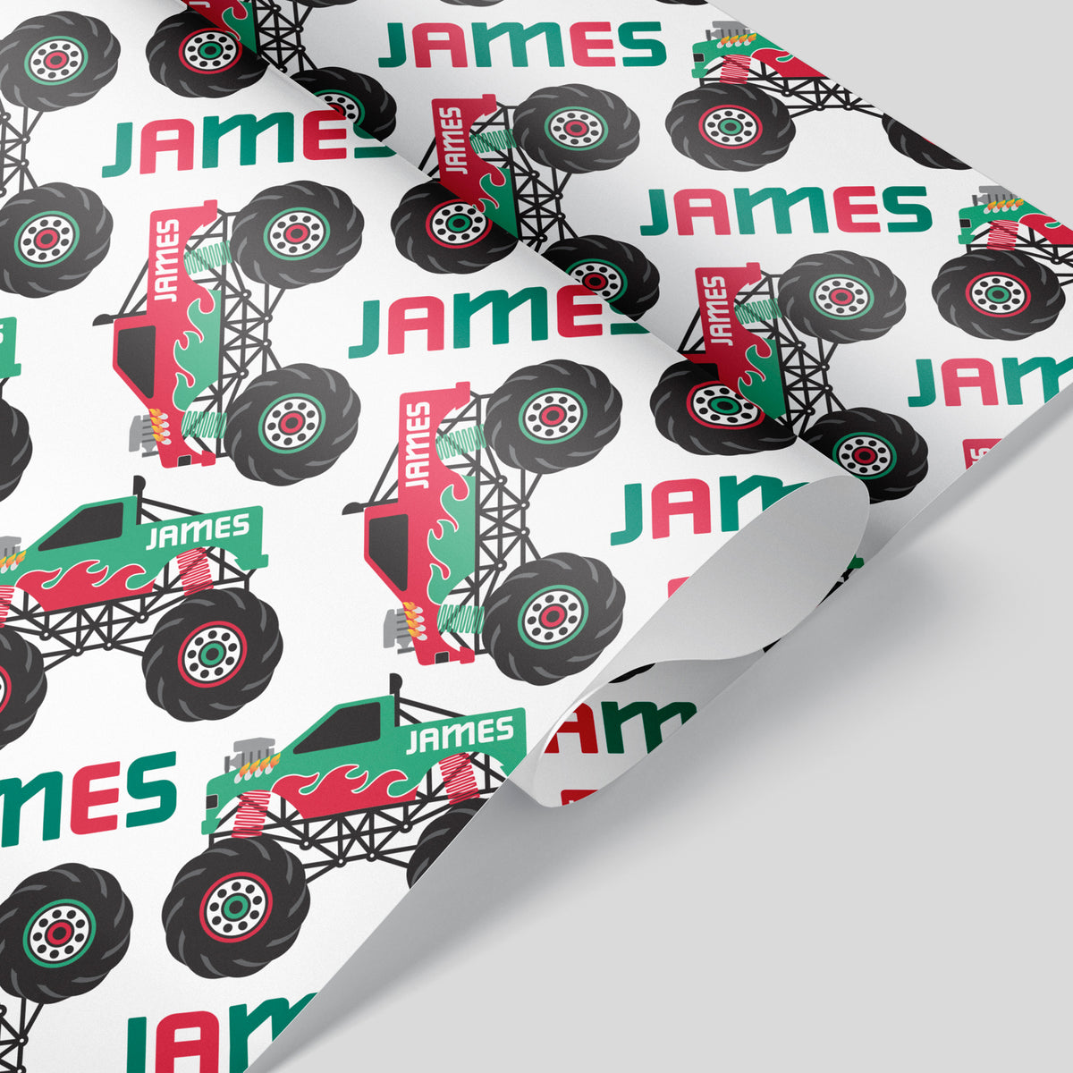 Monster Truck Christmas Name Wrapping Paper - RED/GREEN