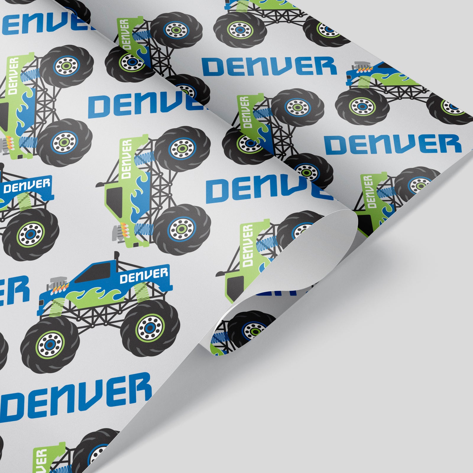 Kids Wrapping Paper - Monster Truck Birthday (Personalized, Green) - Graphic Spaces