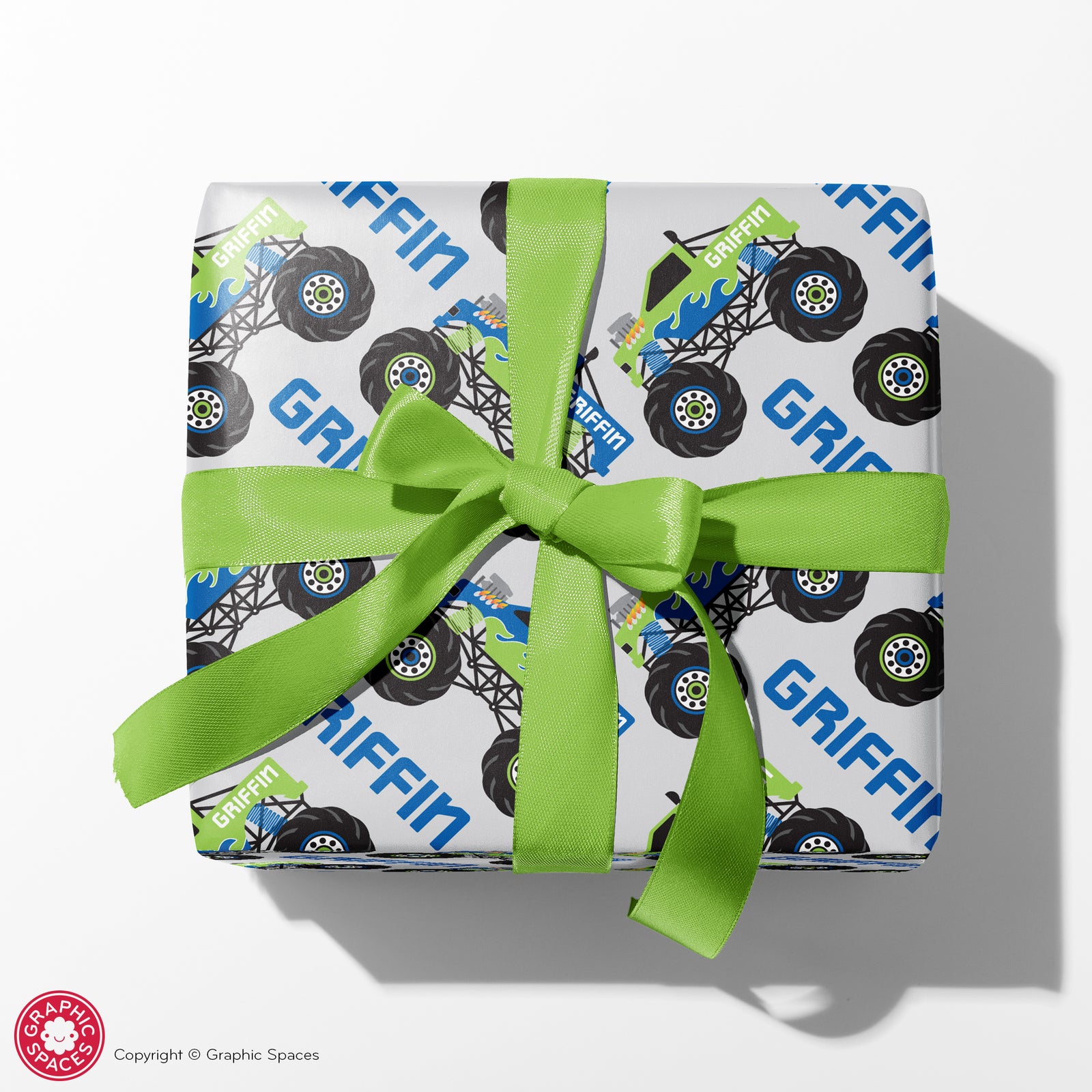 Kids Wrapping Paper - Monster Truck Birthday (Personalized, Green) - Graphic Spaces
