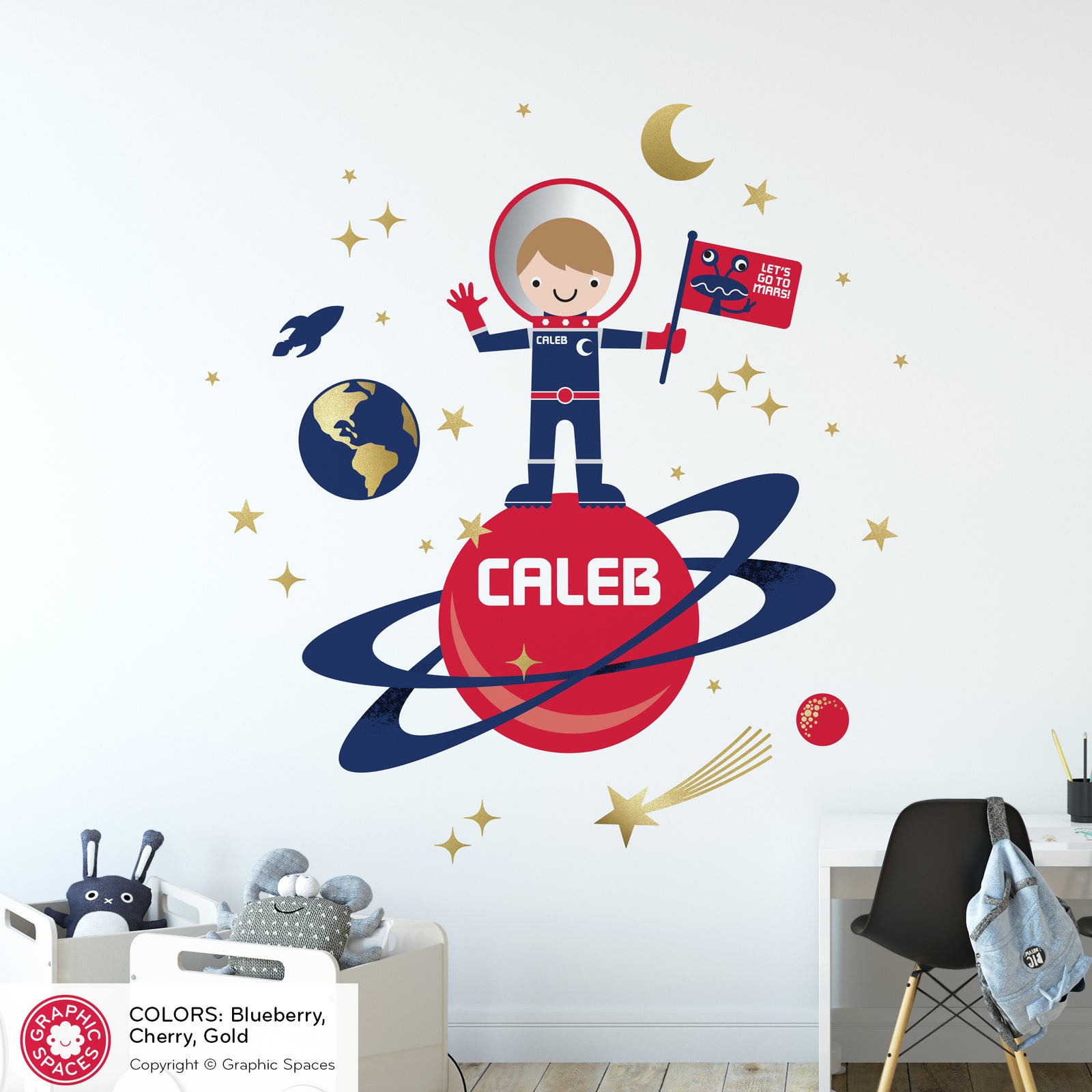 Kids Wall Decal - Astronaut Moon Walk (Personalized, Boy) - Graphic Spaces