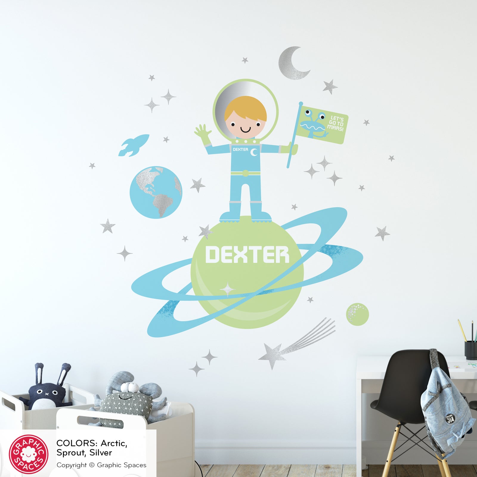 Kids Wall Decal - Astronaut Moon Walk (Personalized, Boy) - Graphic Spaces