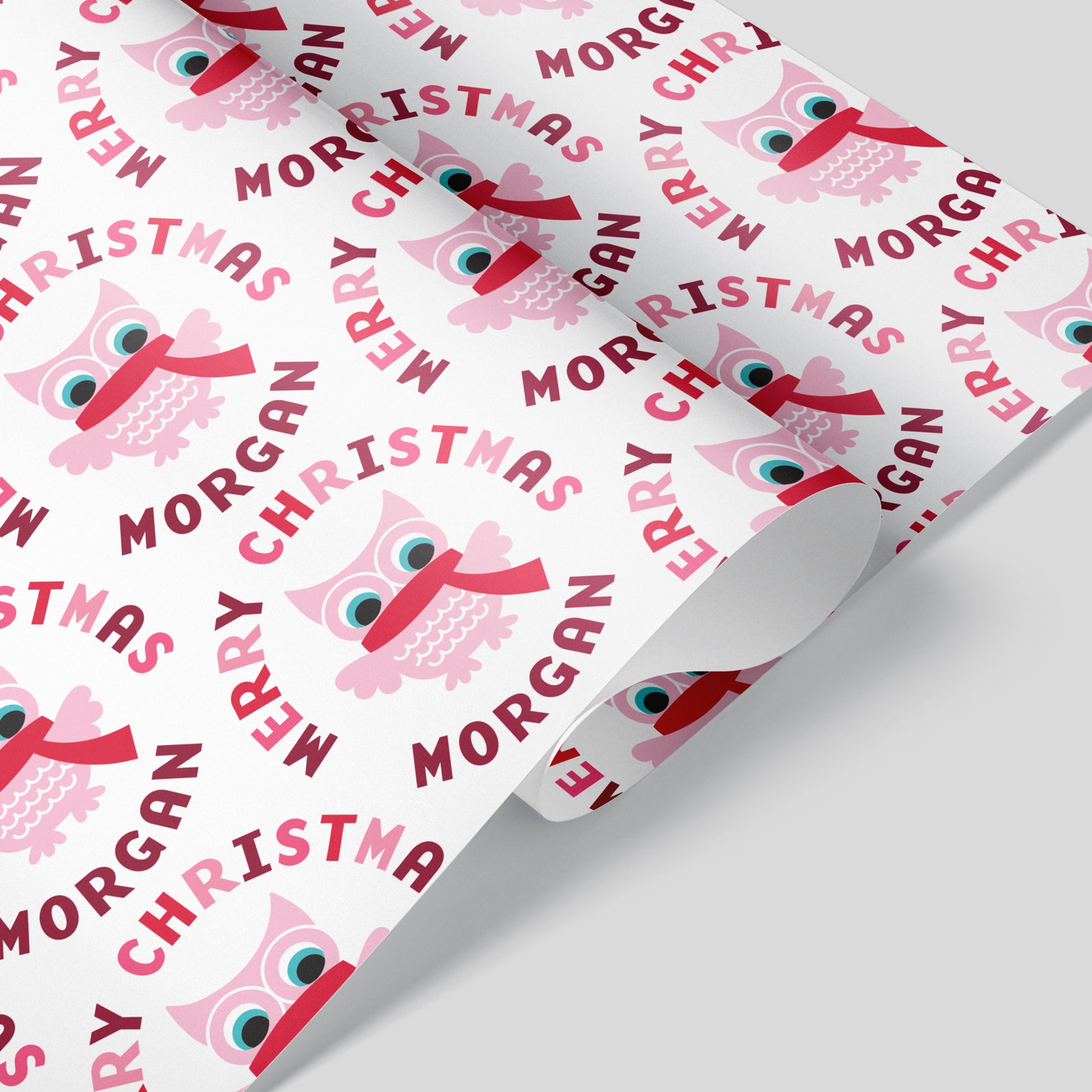 Kids Wrapping Paper - Owl Christmas (Personalized, Pink) - Graphic Spaces