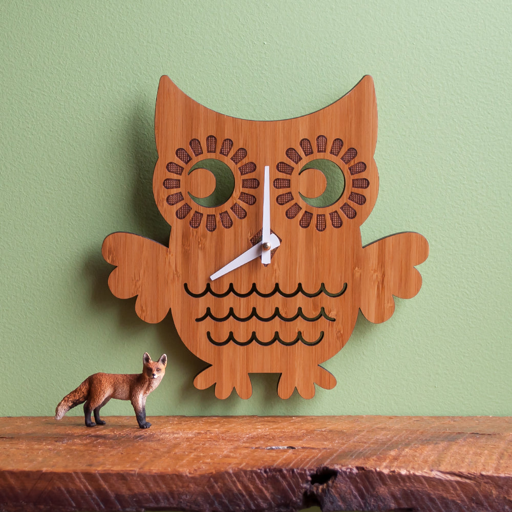 Wooden Owl Nursery Wall Clock, Bamboo.