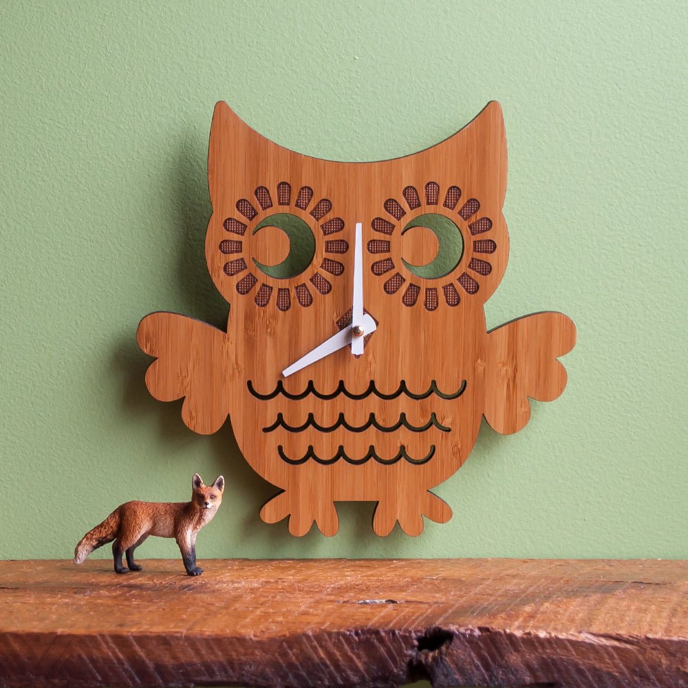 Kids Wall Clock - Owl (Wood) Bamboo - Nursery - Default to white hands - Family Made in TN, USA - Graphic Spaces