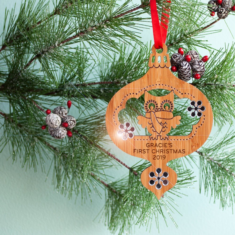 Baby's First Christmas Ornament -Owl (Personalized, Bamboo) - Graphic Spaces