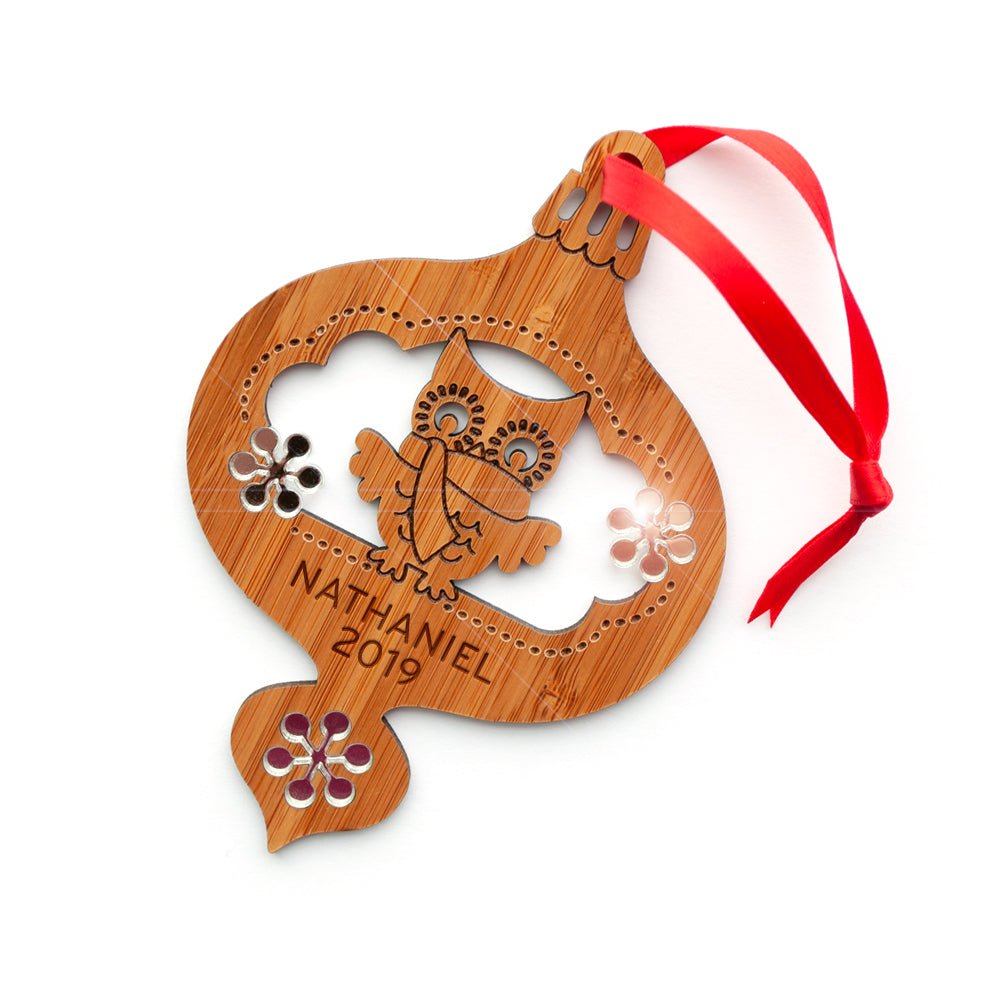 Baby's First Christmas Ornament -Owl (Personalized, Bamboo) - Graphic Spaces