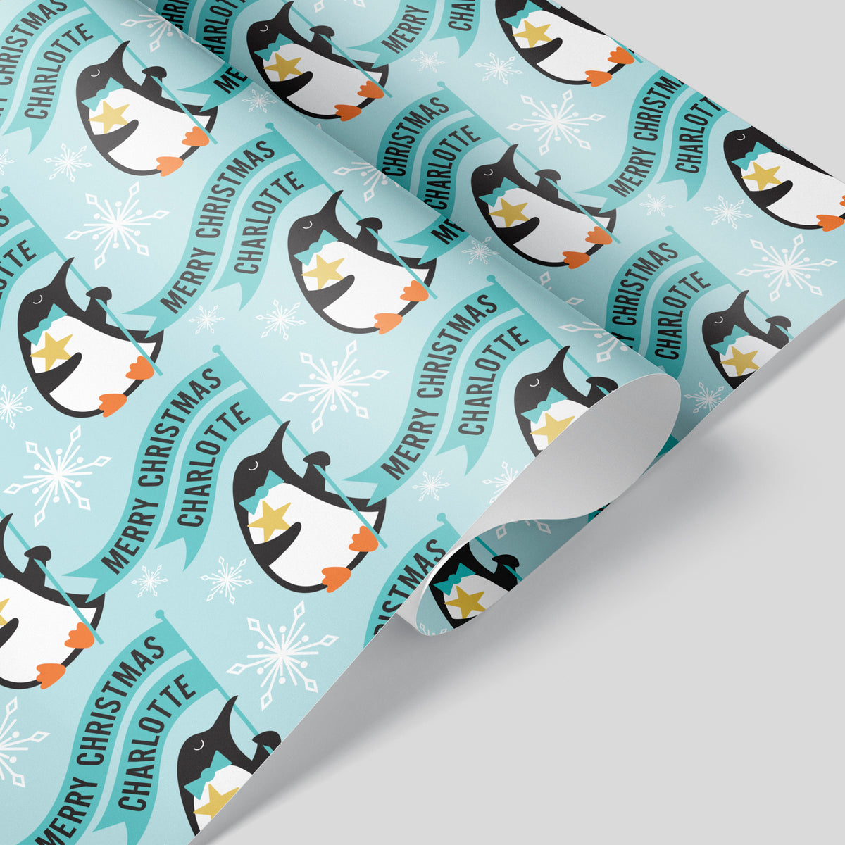 Penguin Christmas Personalized Name Wrapping Paper - BLUE