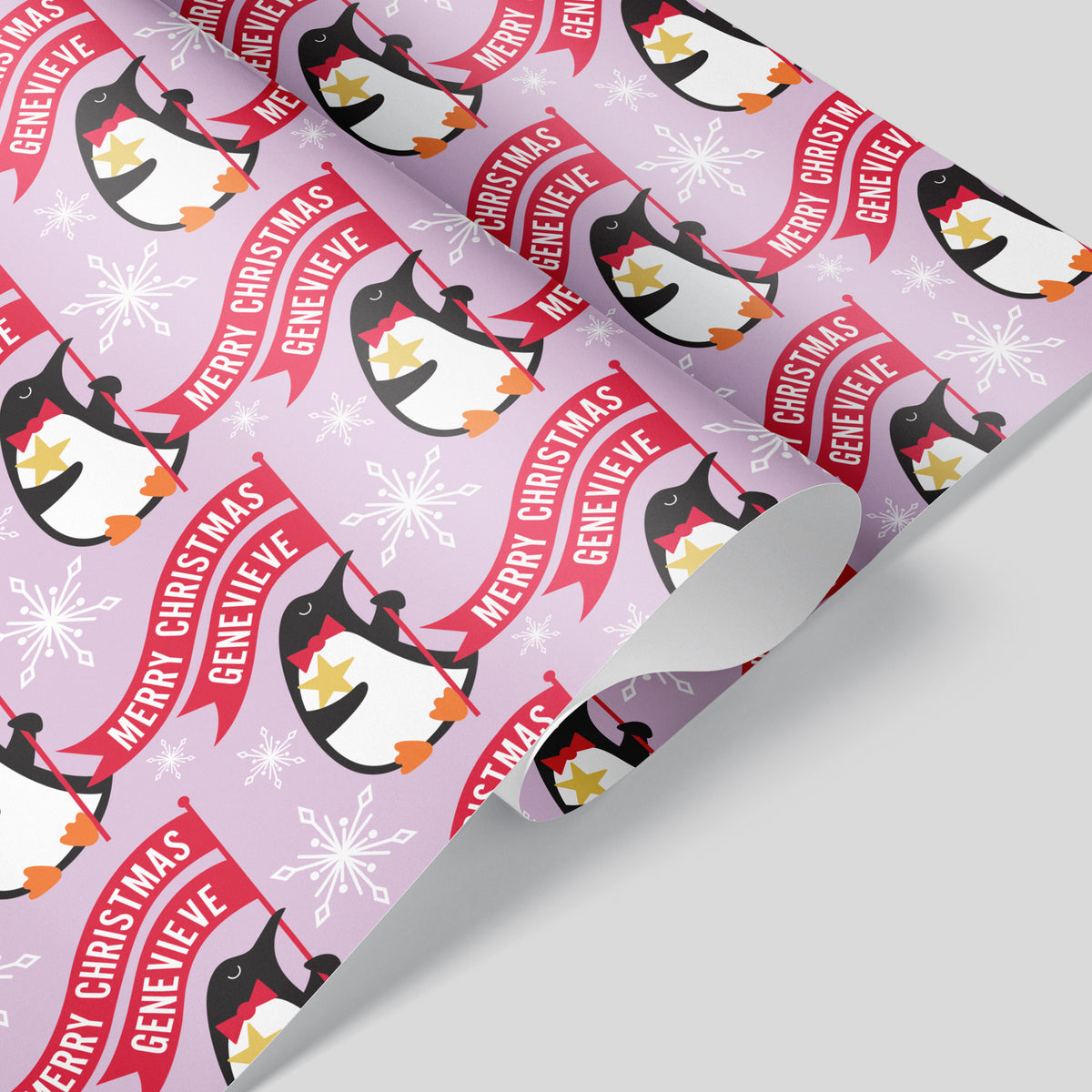 Penguin Christmas Personalized Name Wrapping Paper - LILAC
