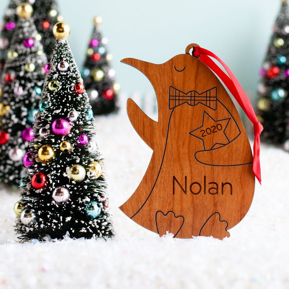 Baby's First Christmas Ornament - Penguin (Personalized, Wood) Maple - Graphic Spaces