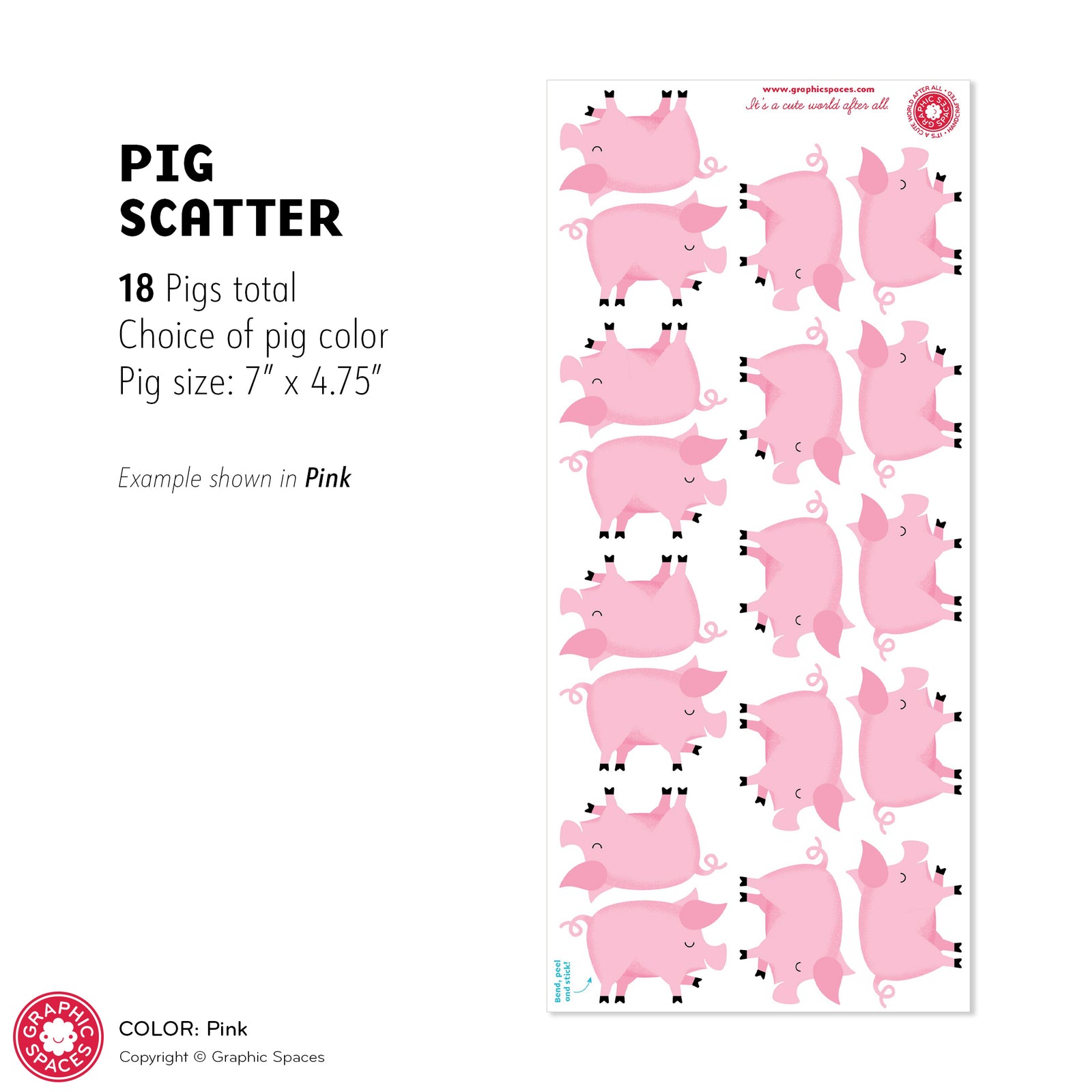 Kids Wall Decal - Pig Scatter (Pack of 18) - Pink Pigs - Graphic Spaces