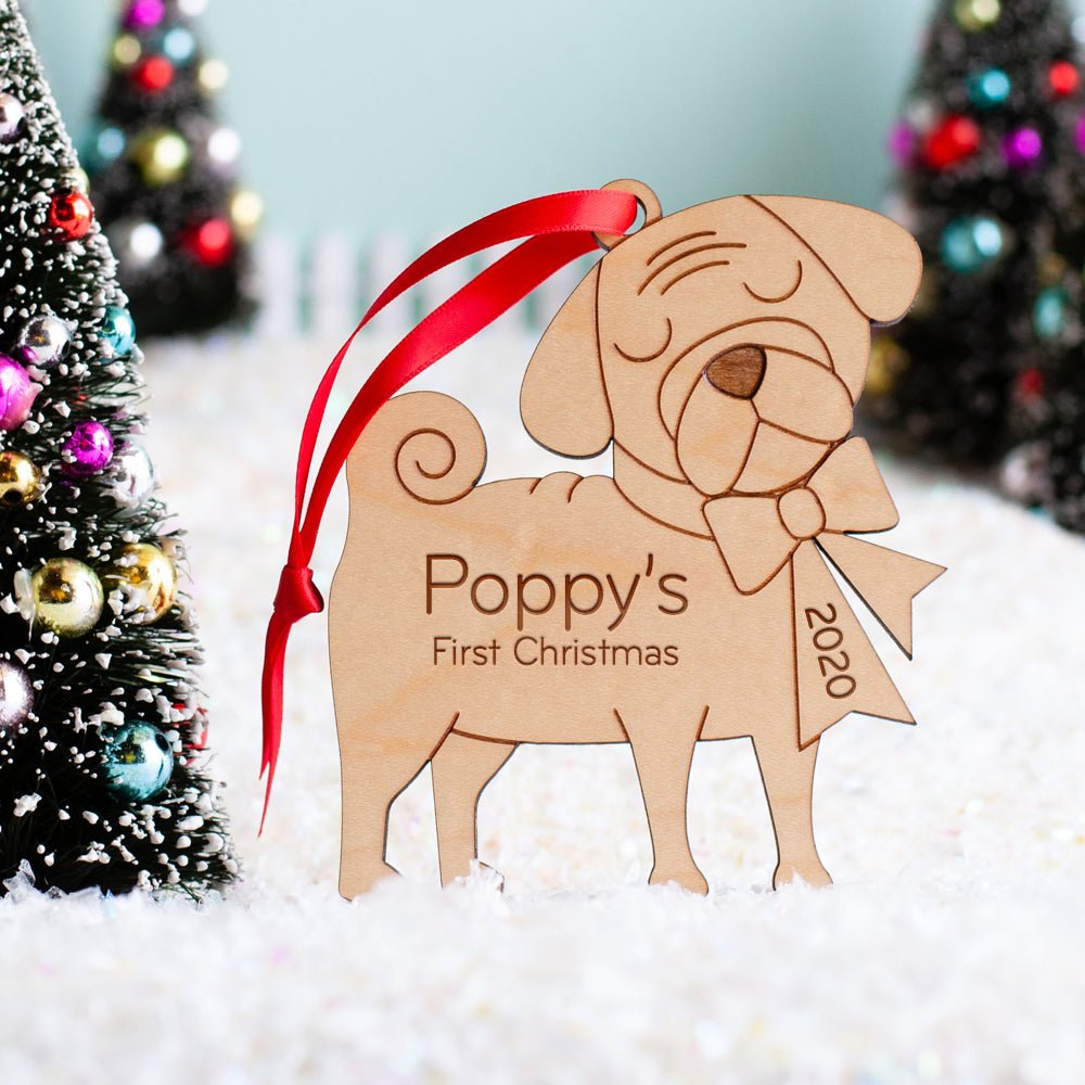 Puppy's First Christmas Ornament - Pug (Personalized, Wood) Light Maple - Graphic Spaces