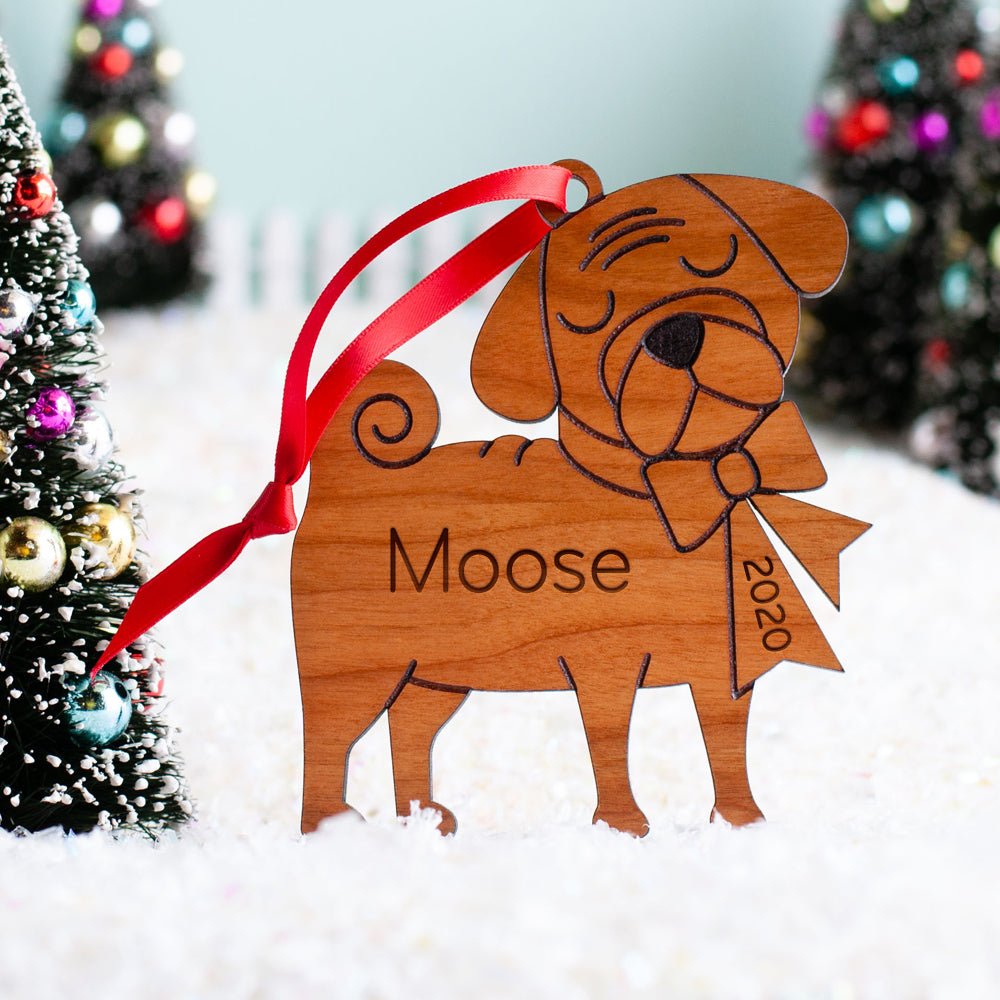 Puppy's First Christmas Ornament - Pug (Personalized, Wood) Light Maple - Graphic Spaces