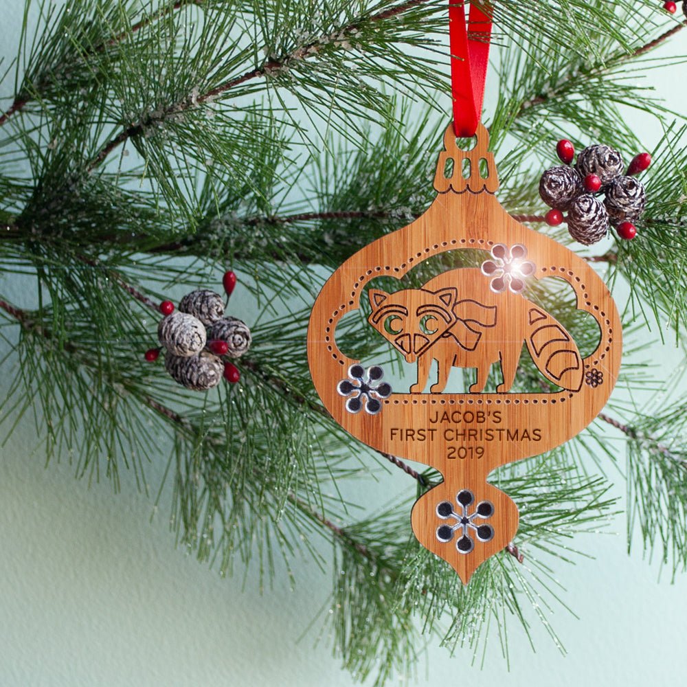 Baby's First Christmas Ornament - Raccoon (Personalized, Bamboo) - Graphic Spaces