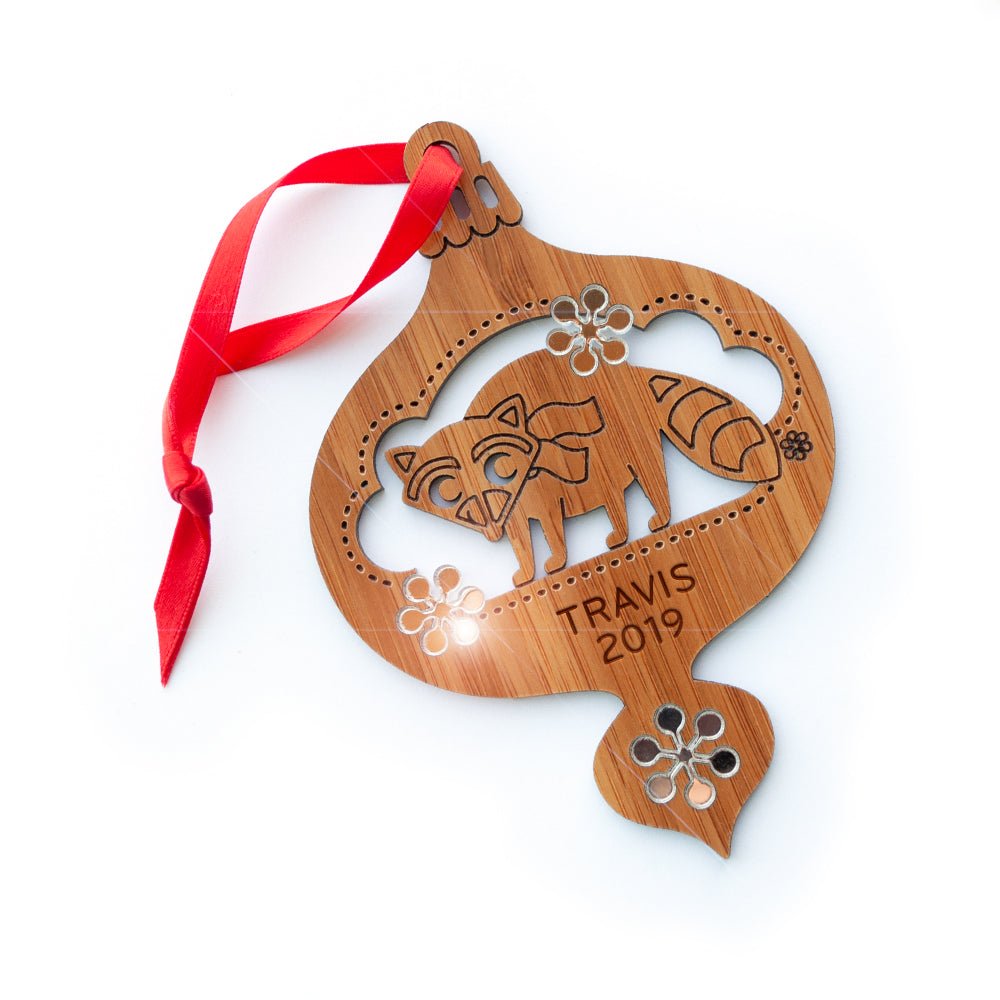 Baby's First Christmas Ornament - Raccoon (Personalized, Bamboo) - Graphic Spaces