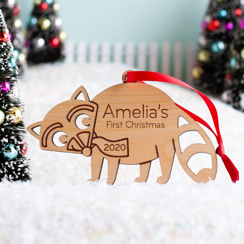 Baby's First Christmas Ornament - Raccoon (Personalized, Wood) Maple - Graphic Spaces