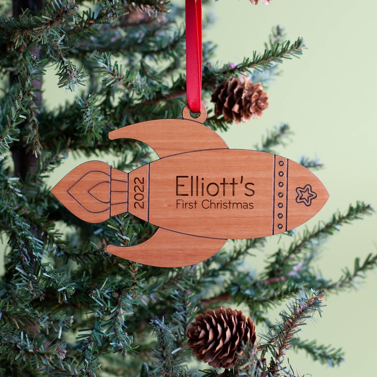 Kids Christmas Ornament - Rocket (Personalized, Wood) Light Maple - Graphic Spaces