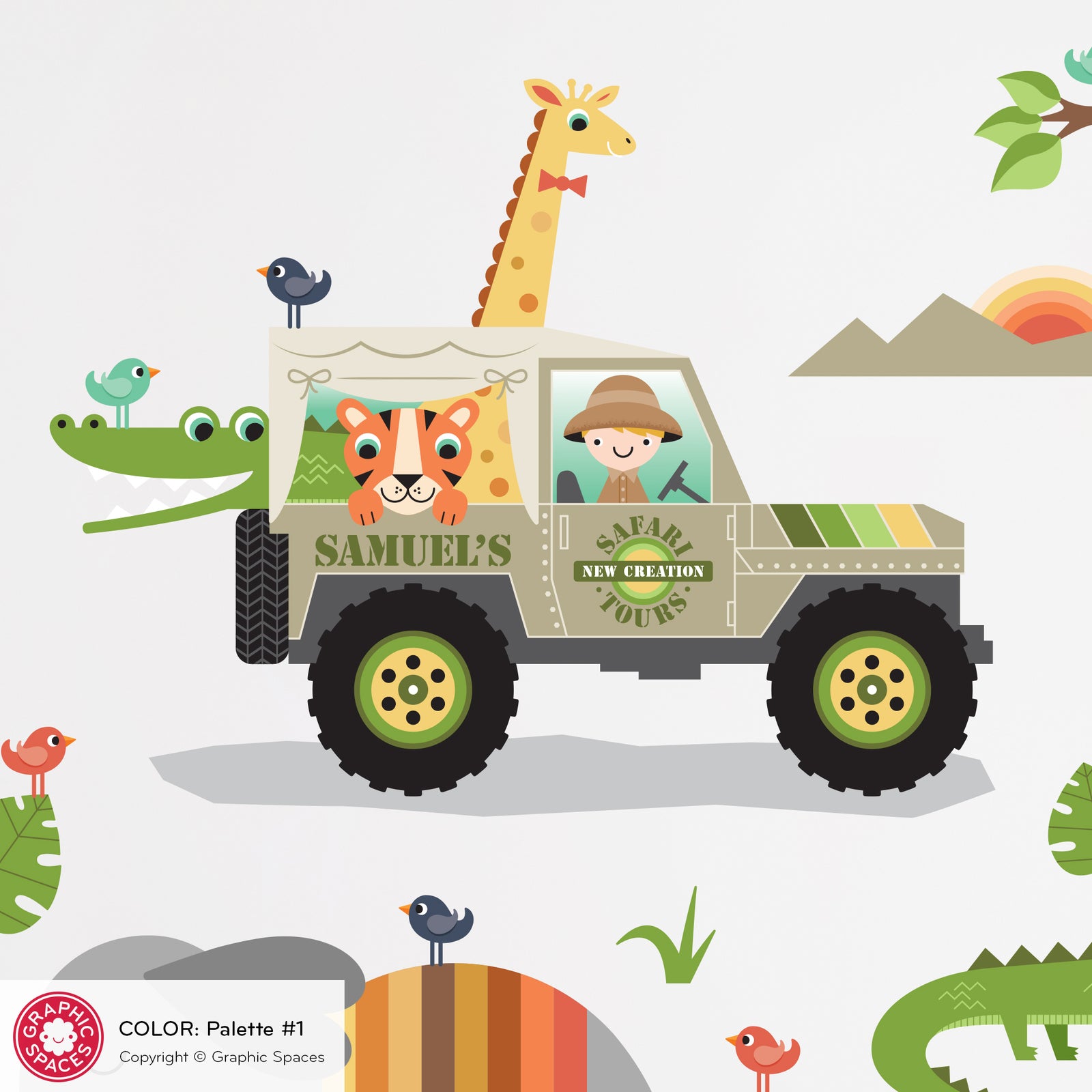 Kids Wall Decal - Safari Jeep Animal Collection (Personalized, Boy) - Graphic Spaces