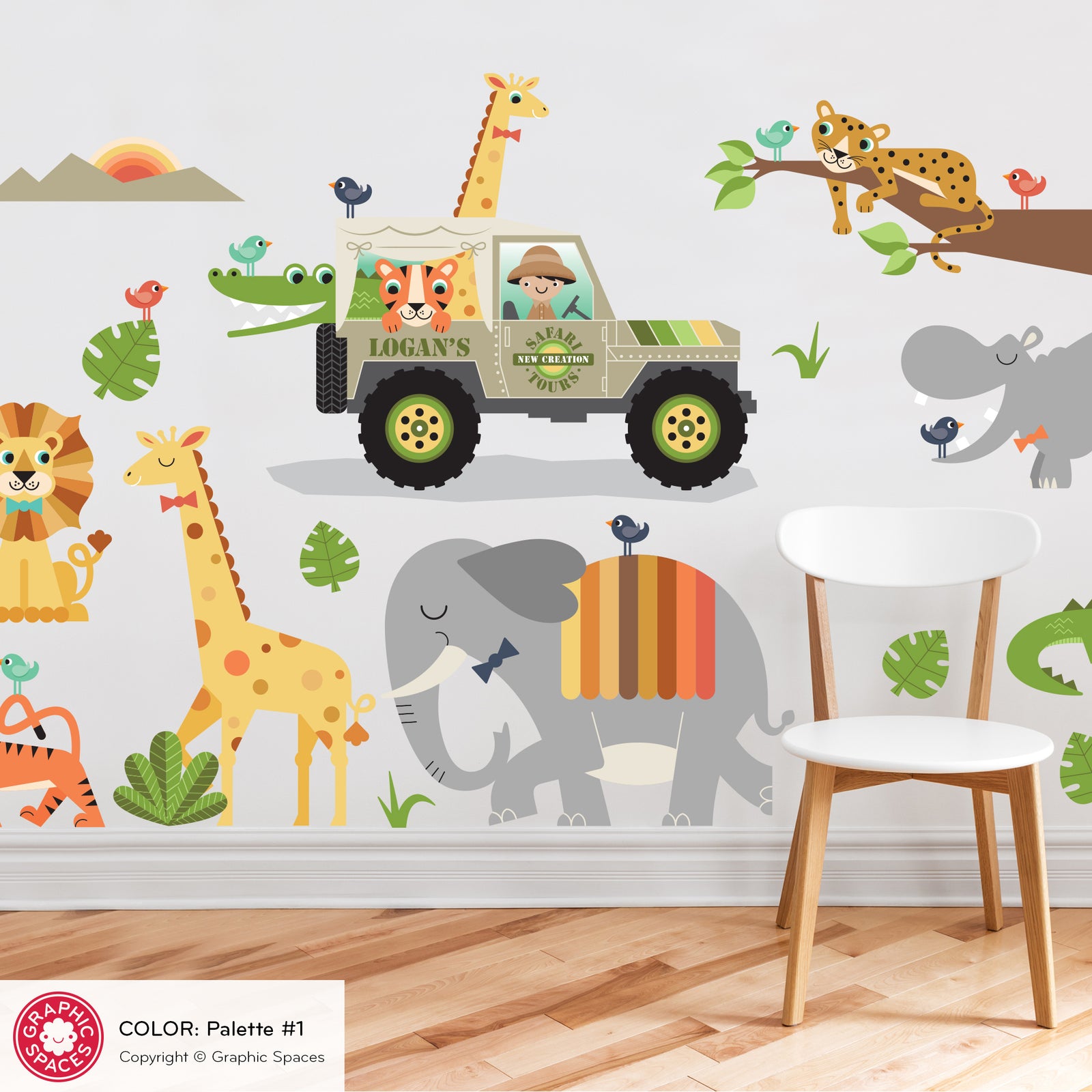 Kids Wall Decal - Safari Jeep Animal Collection (Personalized, Boy) - Graphic Spaces