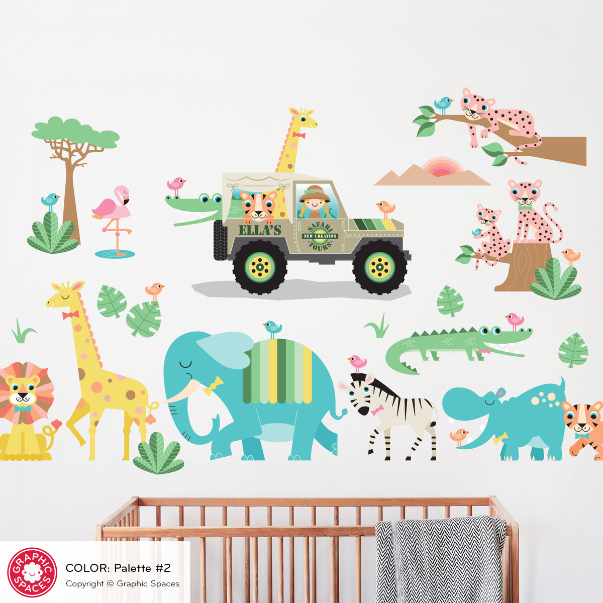 Wall Decal - Safari Jeep Animal Collection (Personalized, Girl)
