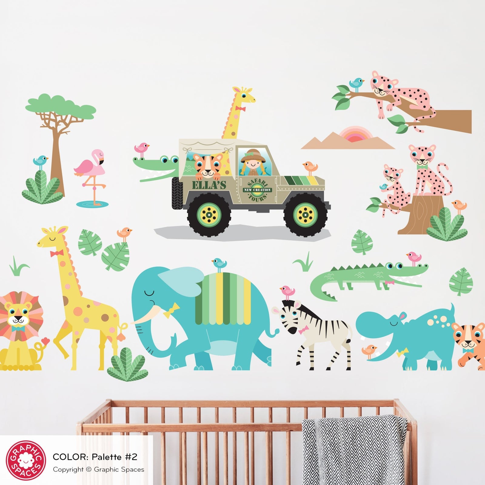 Kids Wall Decal - Safari Jeep Animal Collection (Personalized, Girl) - Palette 2 - Graphic Spaces