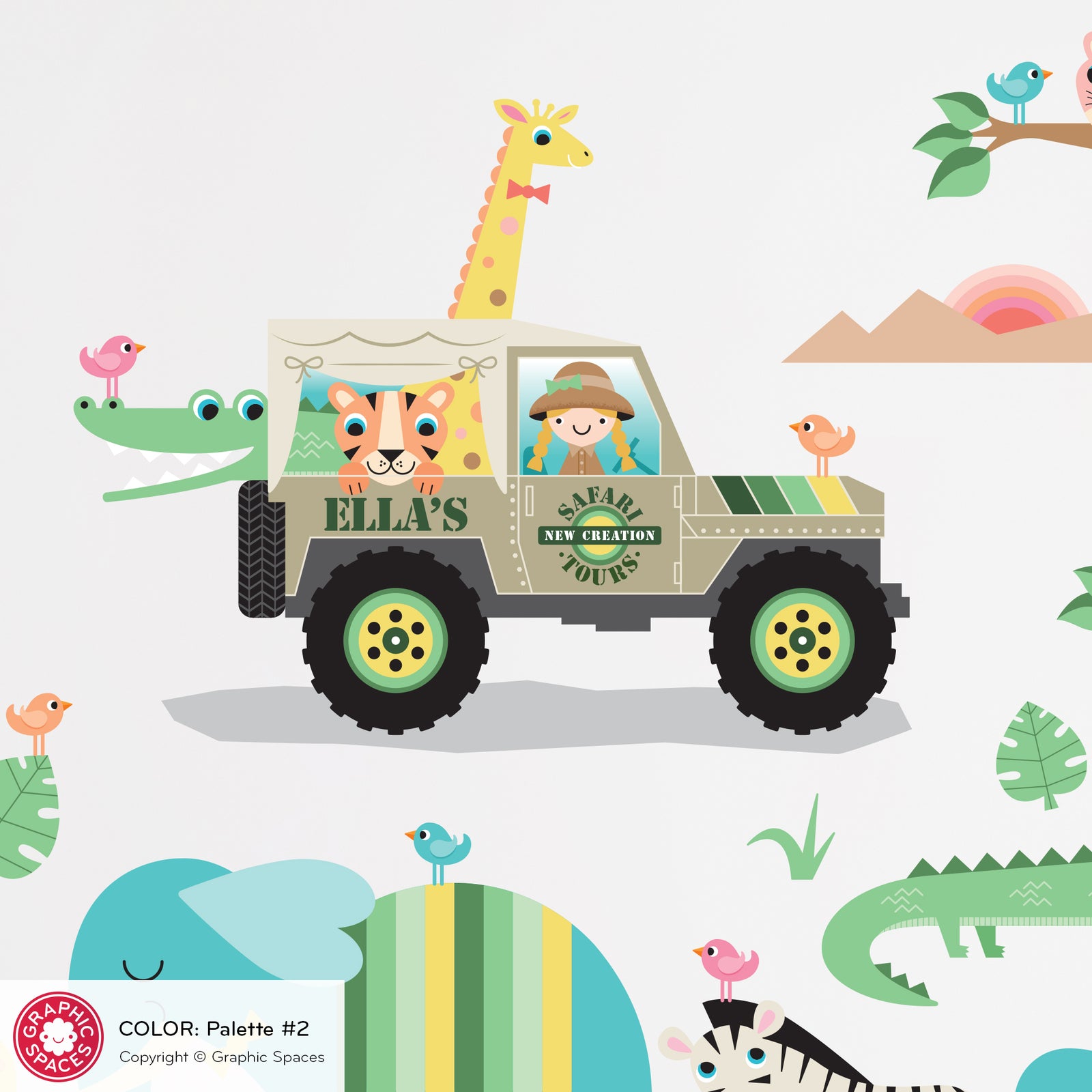 Kids Wall Decal - Safari Jeep Animal Collection (Personalized, Girl) - Palette 2 - Graphic Spaces