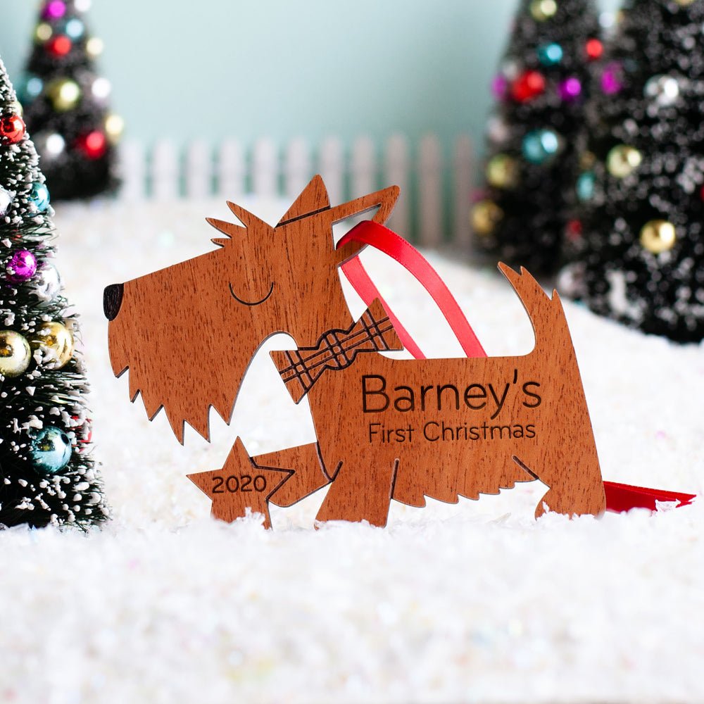 Puppy's First Christmas Ornament - Scottish Terrier (Personalized, Wood) Dark Cherry - Graphic Spaces