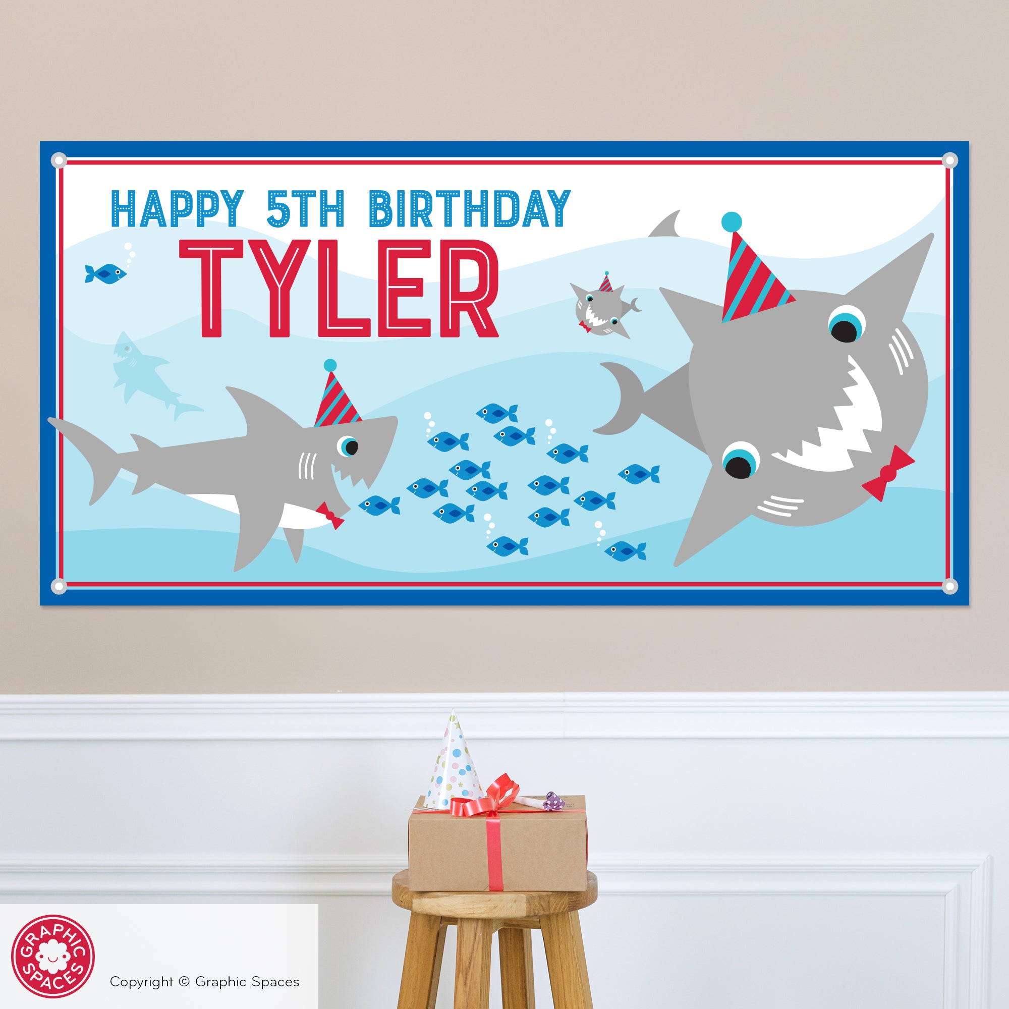 Happy Shark Birthday Banner, Personalized Shark Party, Baby Kids Decor - Graphic Spaces happy-shark-birthday-banner-personalized-shark-party-baby-kids-decor-graphic-spaces