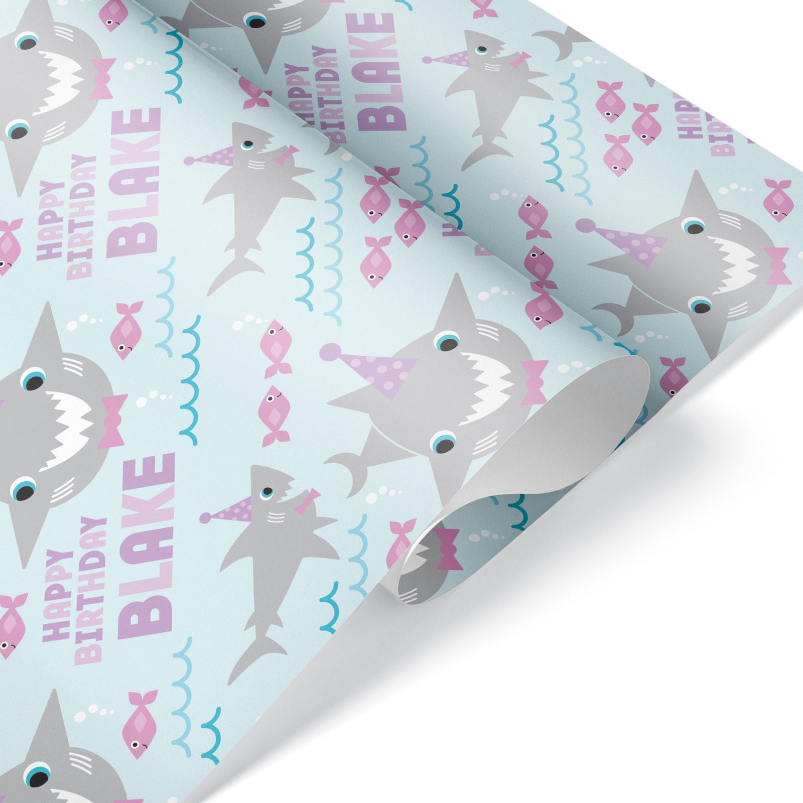 Kids Wrapping Paper - Shark Birthday (Personalized, Rose) - Graphic Spaces