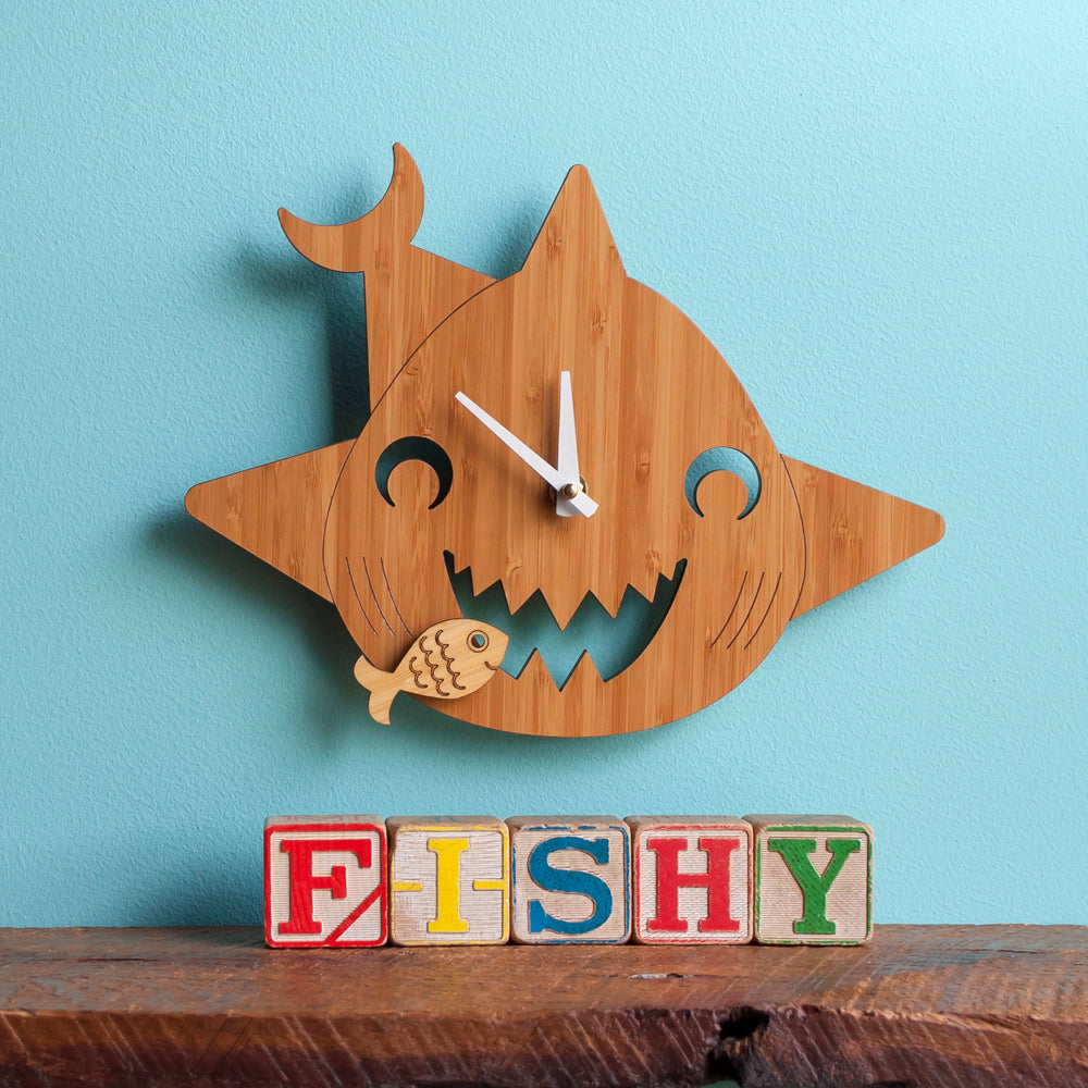 Wooden Shark  Nursery Wall Clock, Cherry.