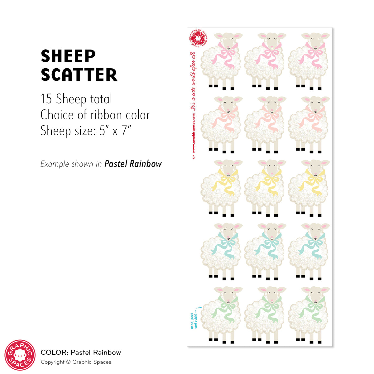 Sheep Scatter Fabric Wall Decals, Pack of 15 - PASTEL RAINBOW
