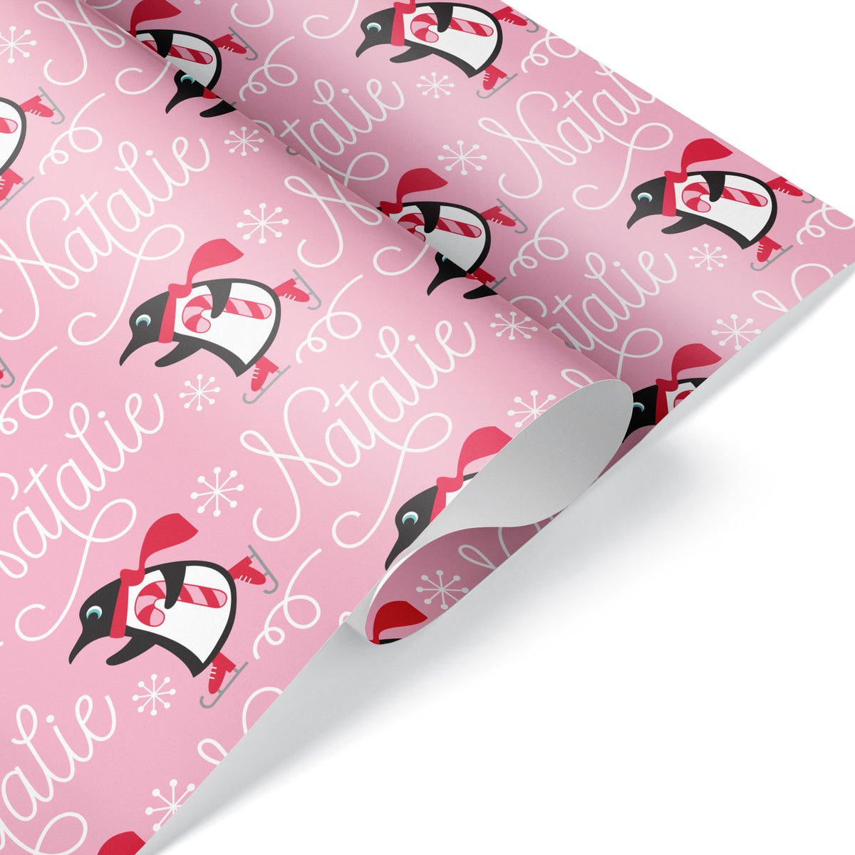 Penguin Ice Skating Christmas Personalized Wrapping Paper - PINK