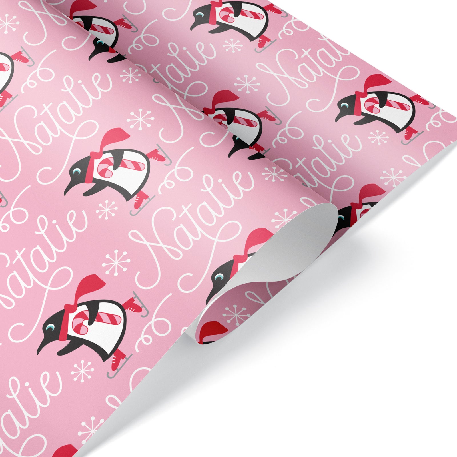 Christmas Kids Wrapping Paper - Ice Skating Penguins (Personalized, Pink) - Graphic Spaces