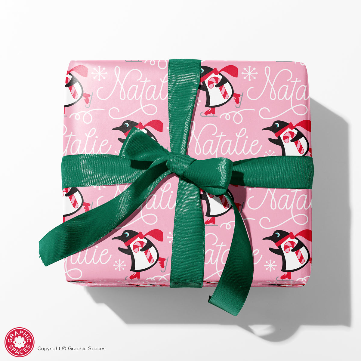 Penguin Ice Skating Christmas Personalized Wrapping Paper - PINK