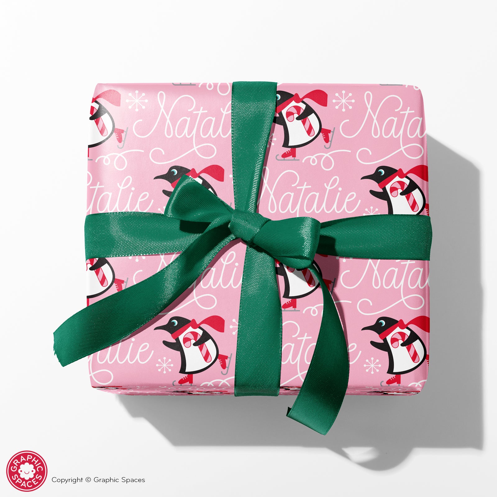Christmas Kids Wrapping Paper - Ice Skating Penguins (Personalized, Pink) - Graphic Spaces