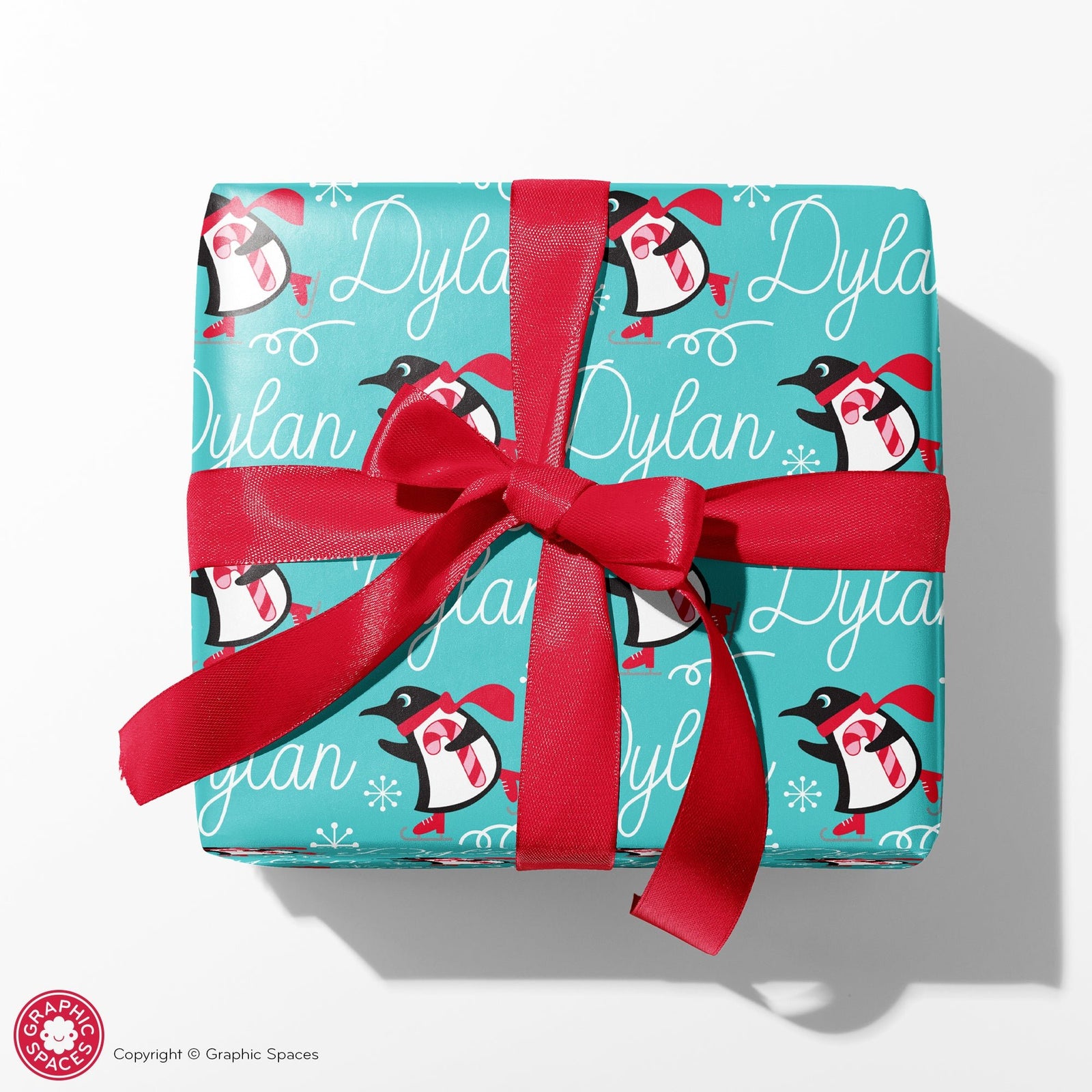 Kids Christmas Wrapping Paper - Ice Skating Penguins (Personalized, Robin) - Graphic Spaces