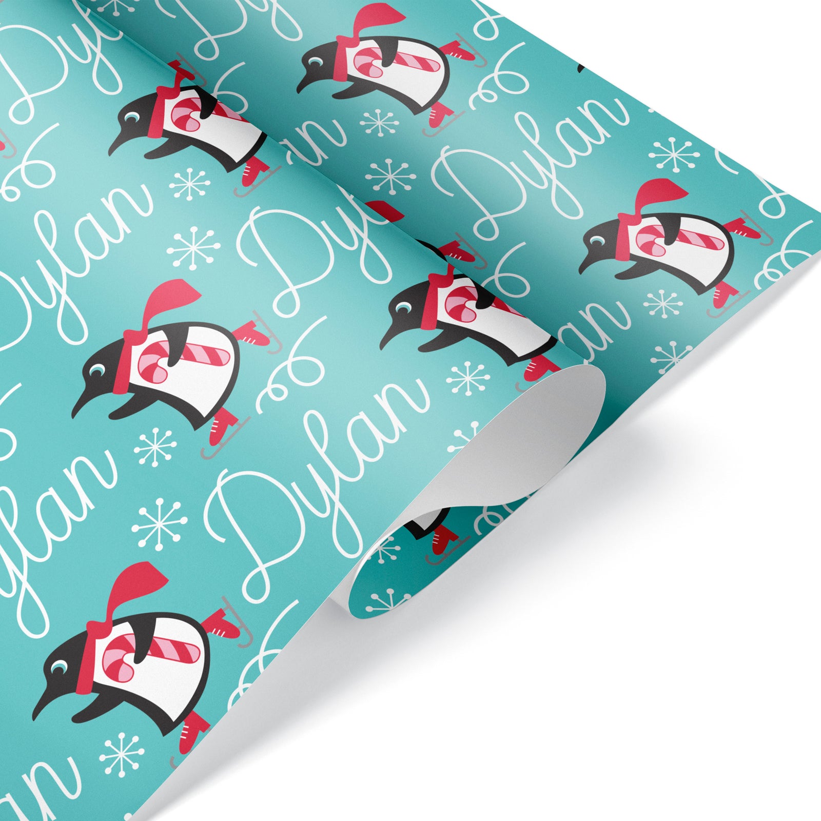 Kids Christmas Wrapping Paper - Ice Skating Penguins (Personalized, Robin) - Graphic Spaces