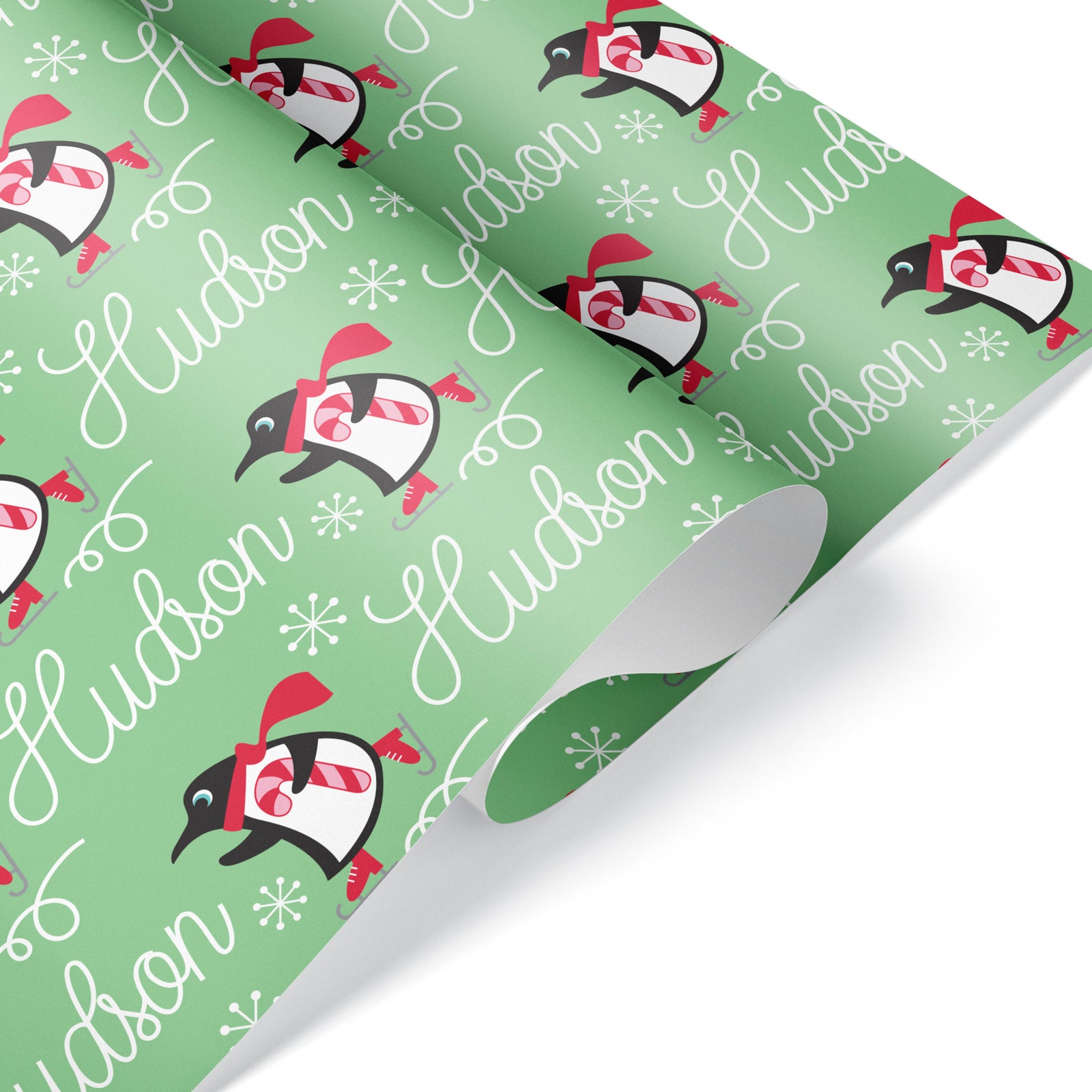 Kids Christmas Wrapping Paper - Ice Skating Penguins (Personalized, Green) - Graphic Spaces