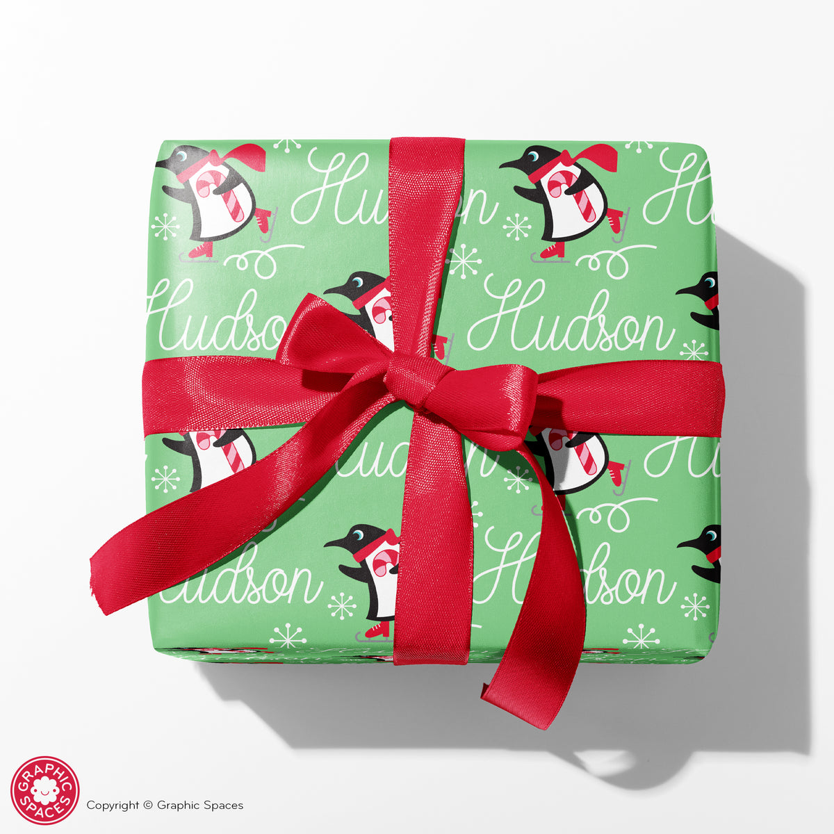 Penguin Ice Skating Christmas Personalized Wrapping Paper - GREEN