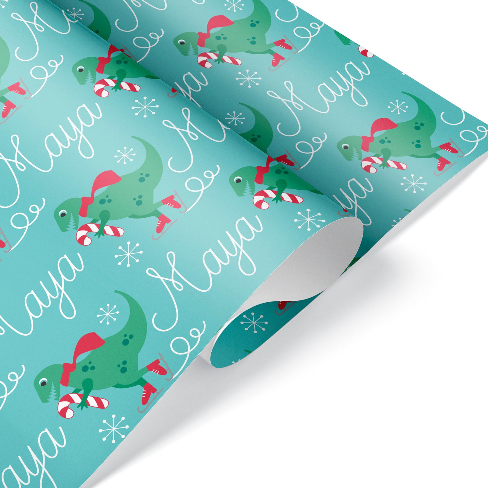 Kids Wrapping Paper - Ice Skating Dinosaur (Personalized, Robin) - Graphic Spaces