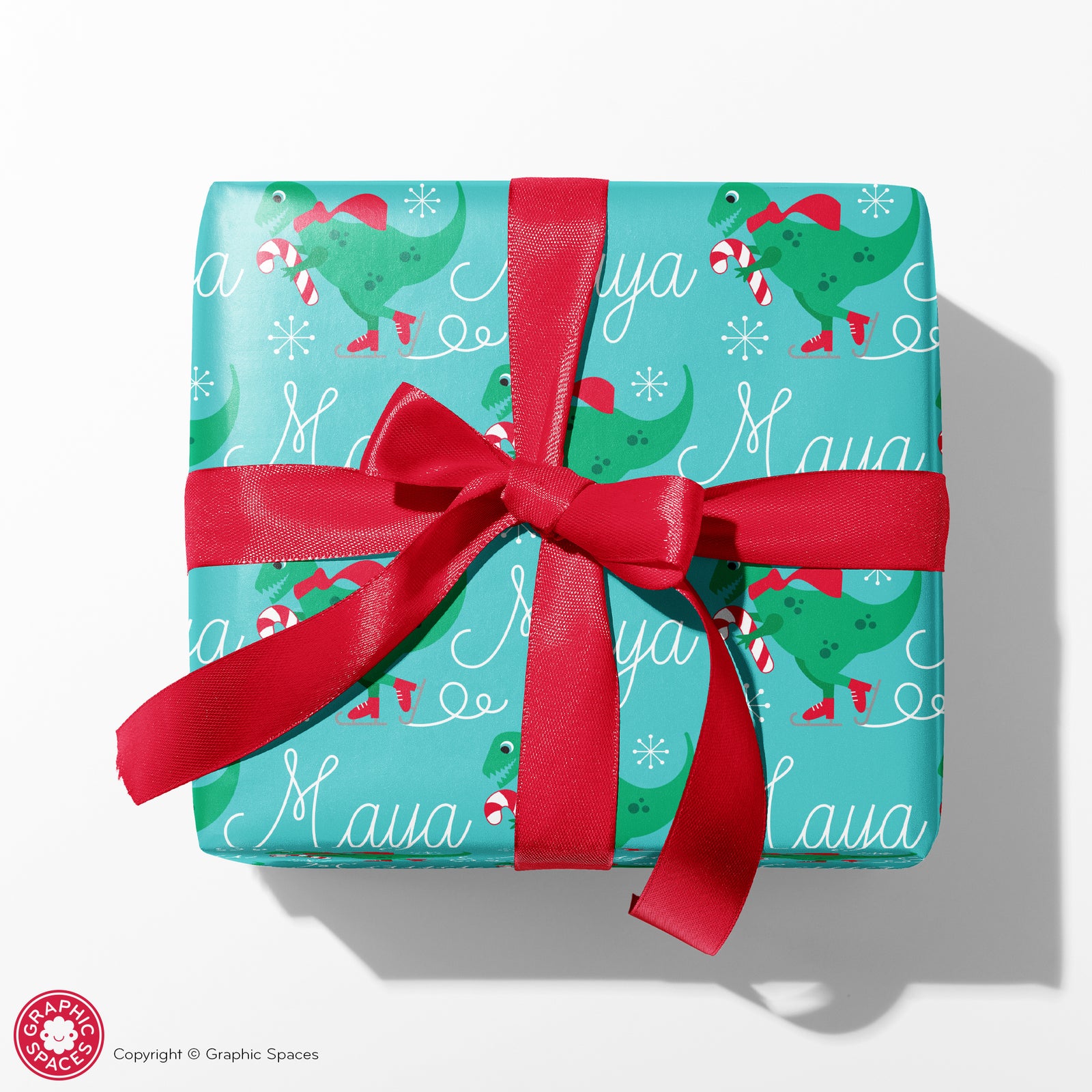 Kids Wrapping Paper - Ice Skating Dinosaur (Personalized, Robin) - Graphic Spaces