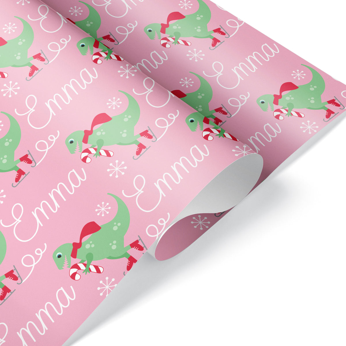 T-Rex Ice Skating Christmas Personalized Wrapping Paper - PINK