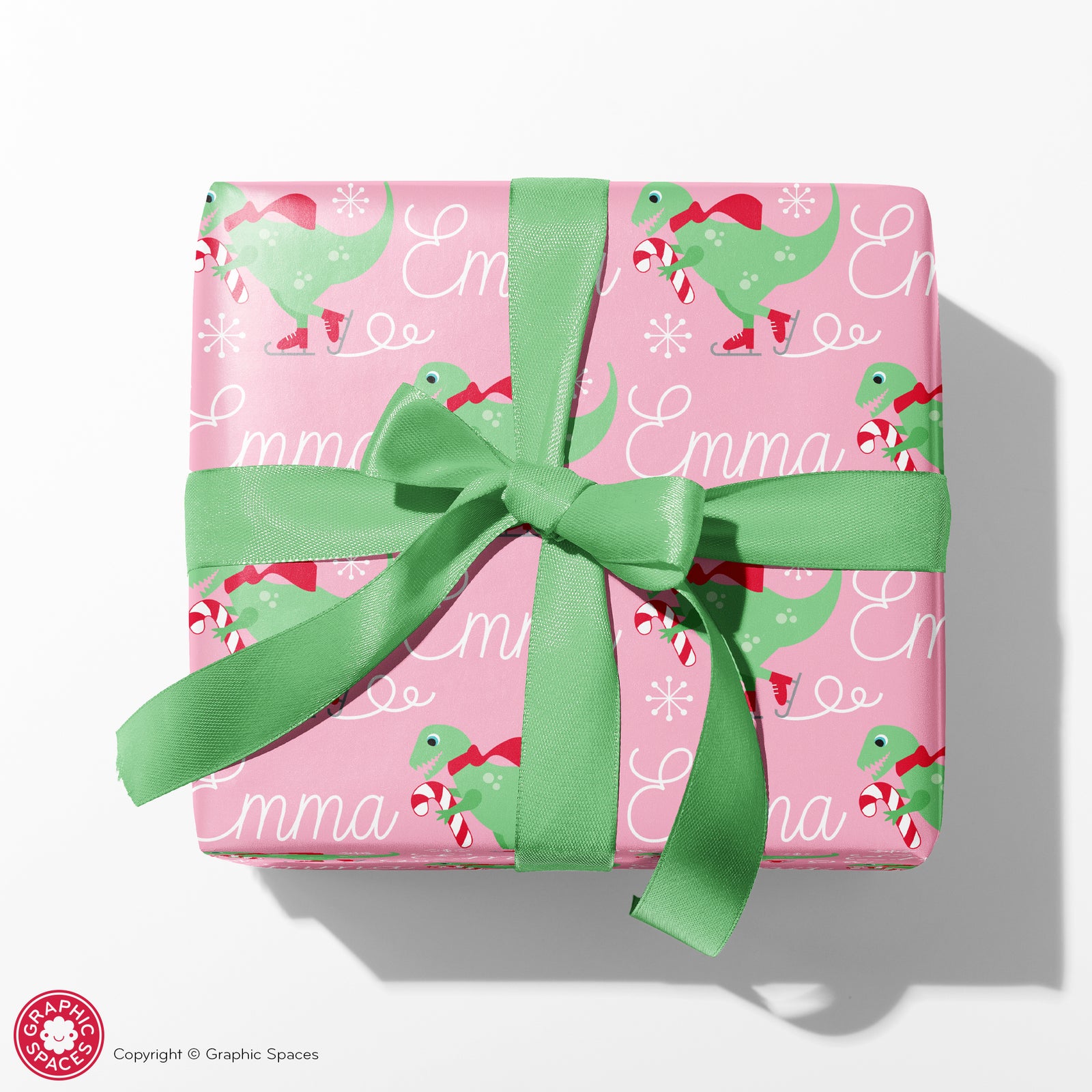 Kids Wrapping Paper - Ice Skating Dinosaur (Personalized, Pink) - Graphic Spaces