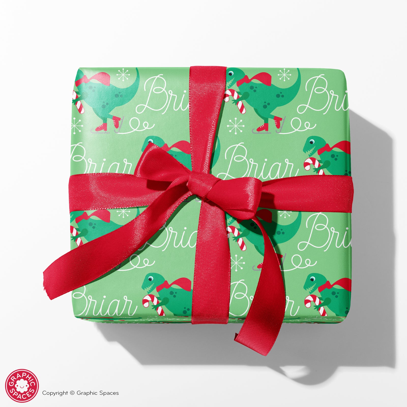 Kids Wrapping Paper - Ice Skating Dinosaur (Personalized, Green) - Graphic Spaces