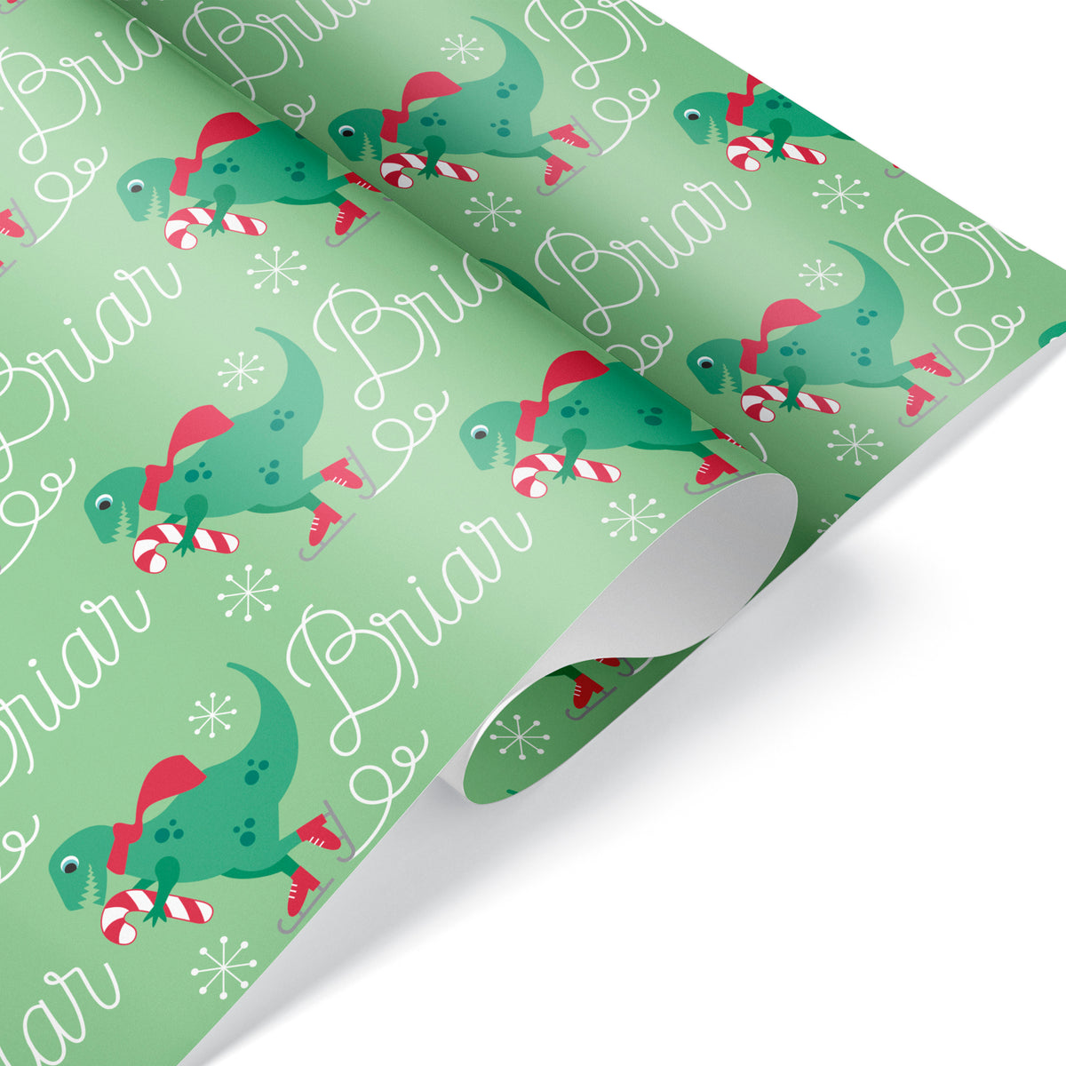 T-Rex Ice Skating Christmas Personalized Wrapping Paper - GREEN